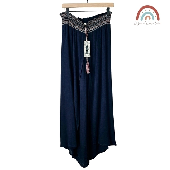 New! Monoreno Palazzo Bohemian Wide Leg Split Seam Embroidered Waist Beach Pants - Picture 1 of 10